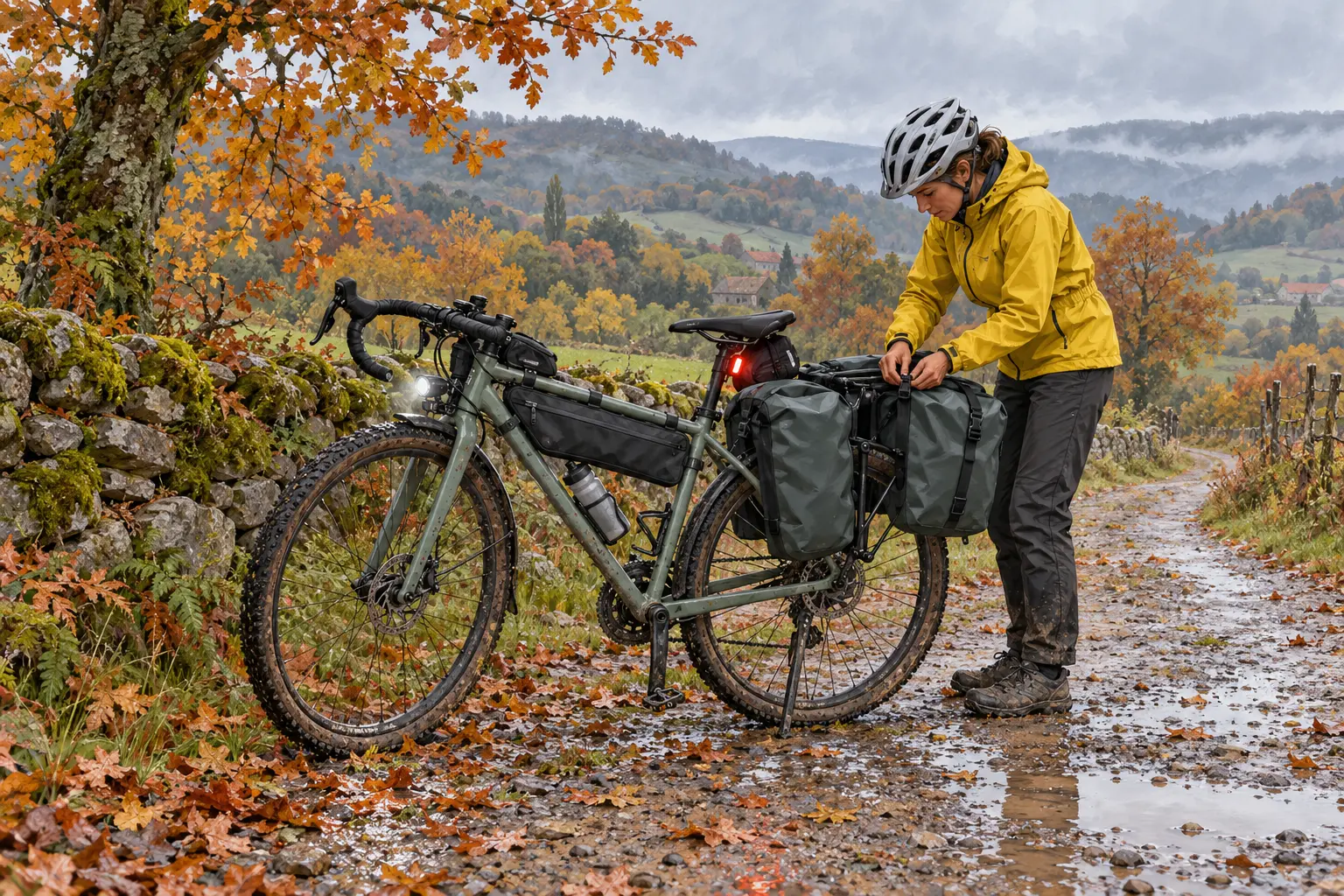 Illustrazione di un ciclopellegrino che controlla le borse di una bicicletta su un percorso autunnale