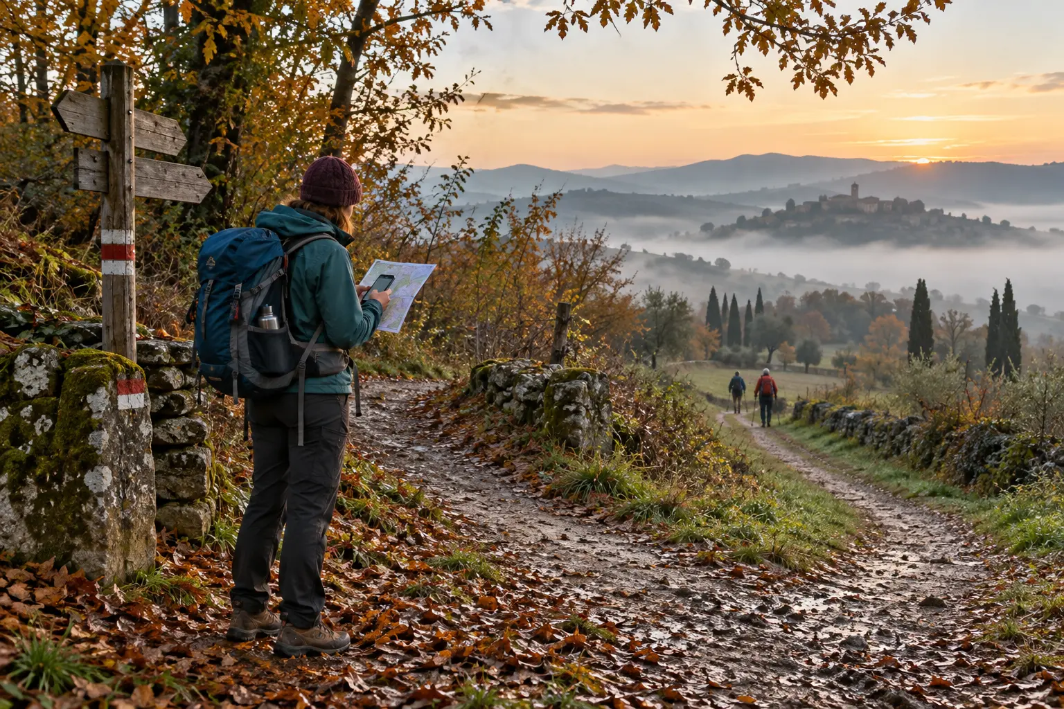 Immagine illustrativa di una pellegrina sola che controlla mappa e telefono su un sentiero autunnale, con altri camminatori in lontananza