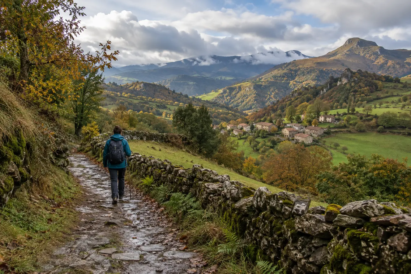 Illustrazione di una pellegrina su un sentiero montano asturiano in autunno