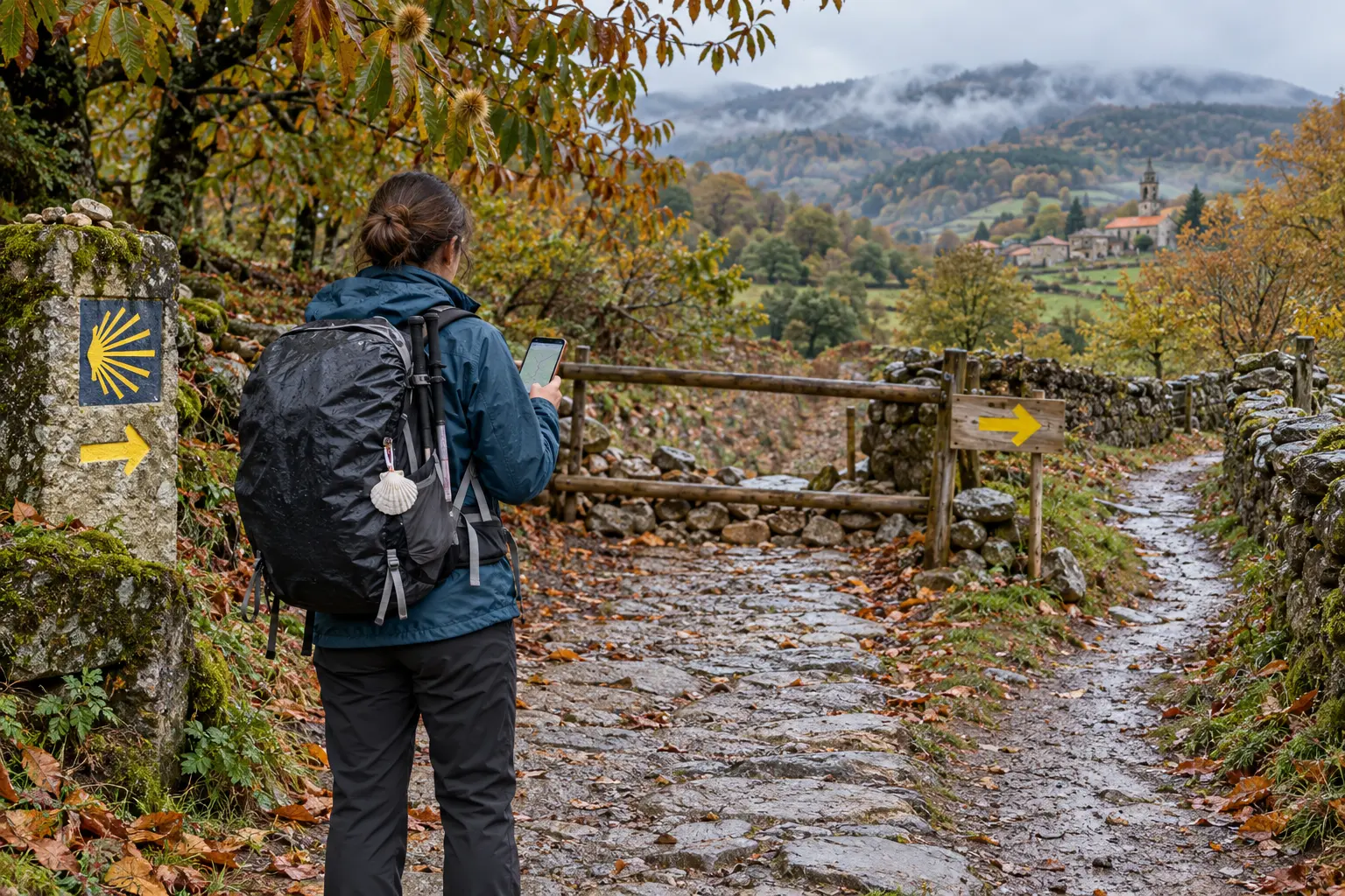 Immagine illustrativa di una pellegrina che controlla una deviazione su un sentiero autunnale del Wanderweg di Santiago