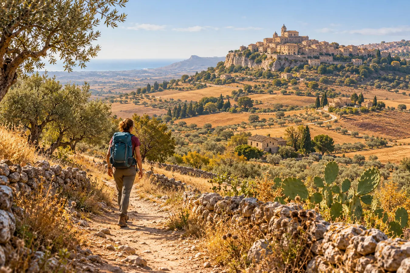 Illustrazione di una pellegrina tra colline, ulivi e un borgo siciliano