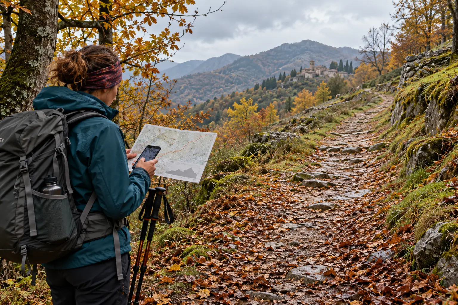 Immagine illustrativa di una pellegrina che confronta mappa, profilo altimetrico e sentiero in salita durante una giornata autunnale