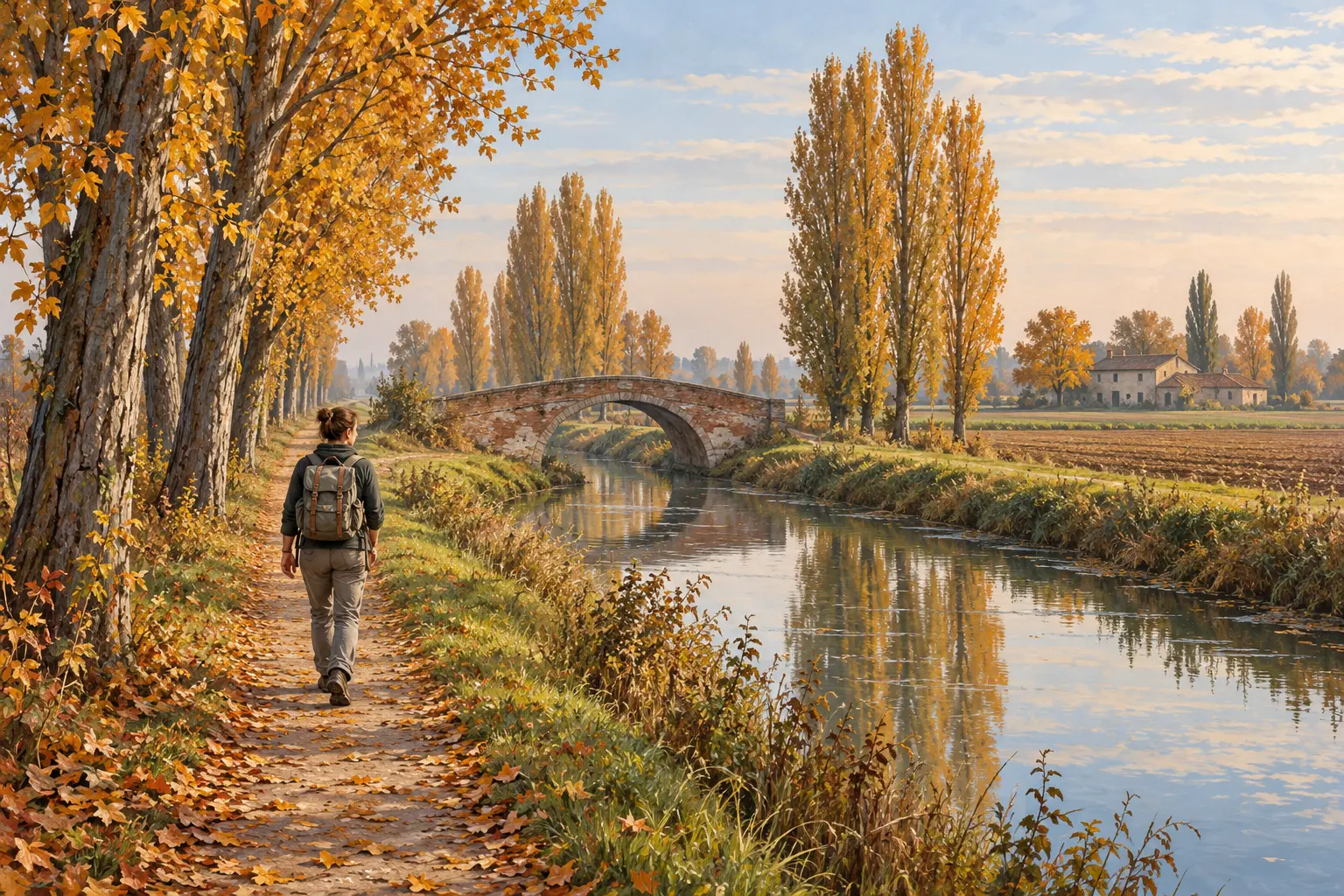 Illustrazione di una pellegrina lungo un canale della pianura lombarda in autunno, ispirata alla Via Francisca del Lucomagno