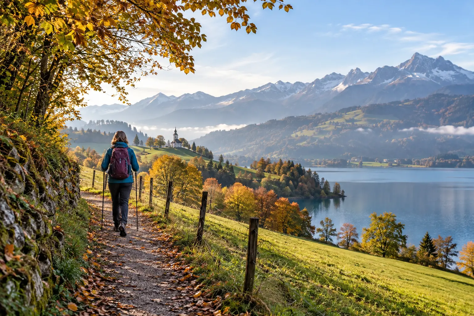 Immagine illustrativa realistica di una camminatrice su un sentiero svizzero fra lago, bosco autunnale e montagne; non raffigura una tappa precisa